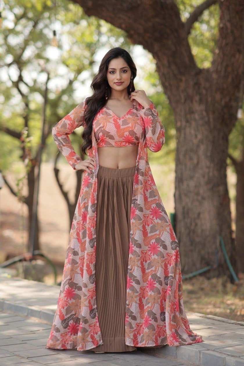 Designer Crop Top with Pleated Skirt & Shrug.