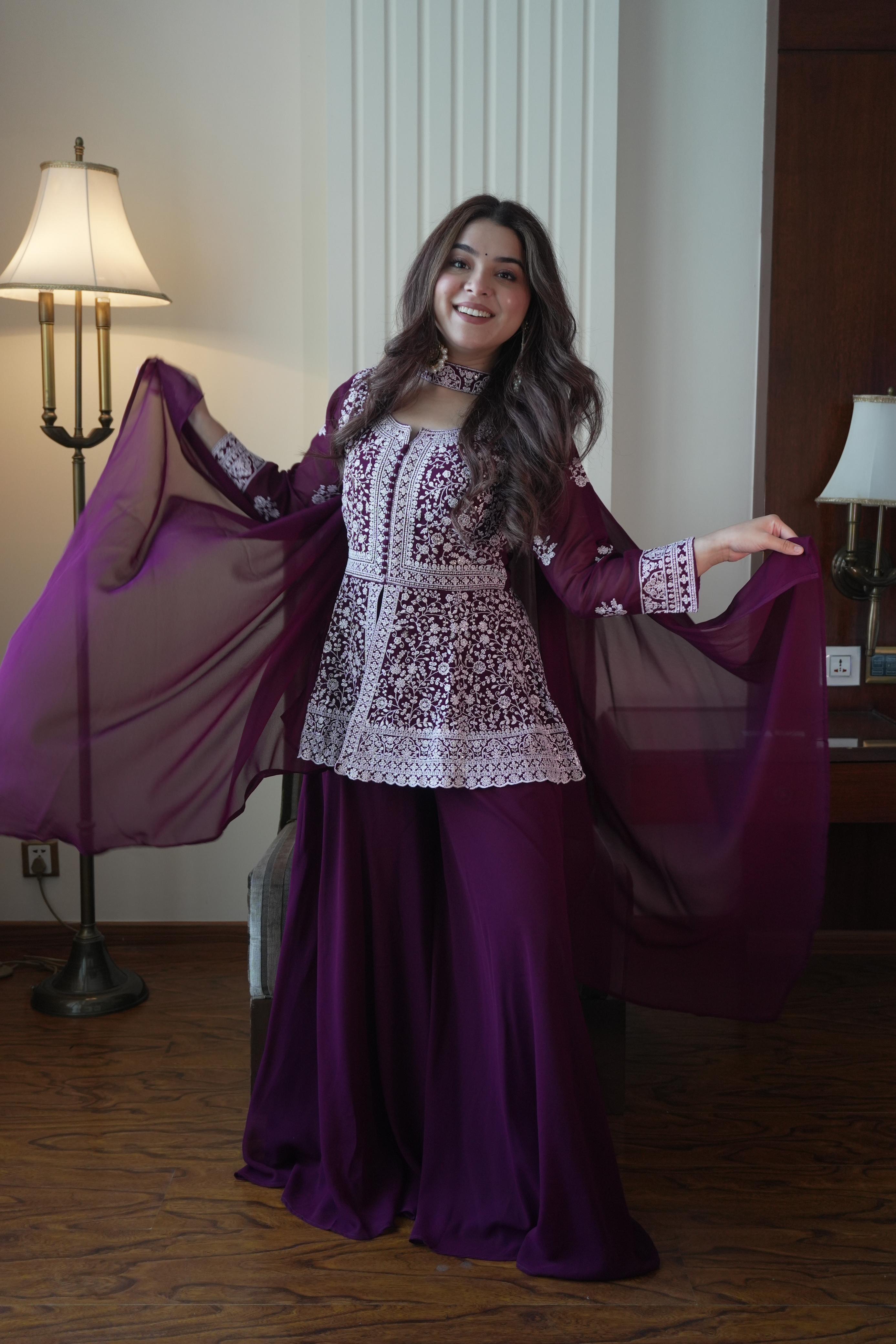 Royal Indo-Western Wine Palazzo Outfit with Stunning Embroidery and Premium Designer Finish.