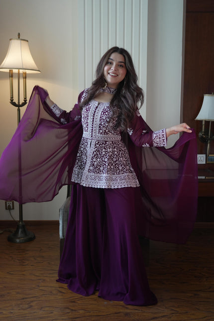 Royal Indo-Western Wine Palazzo Outfit with Stunning Embroidery and Premium Designer Finish.