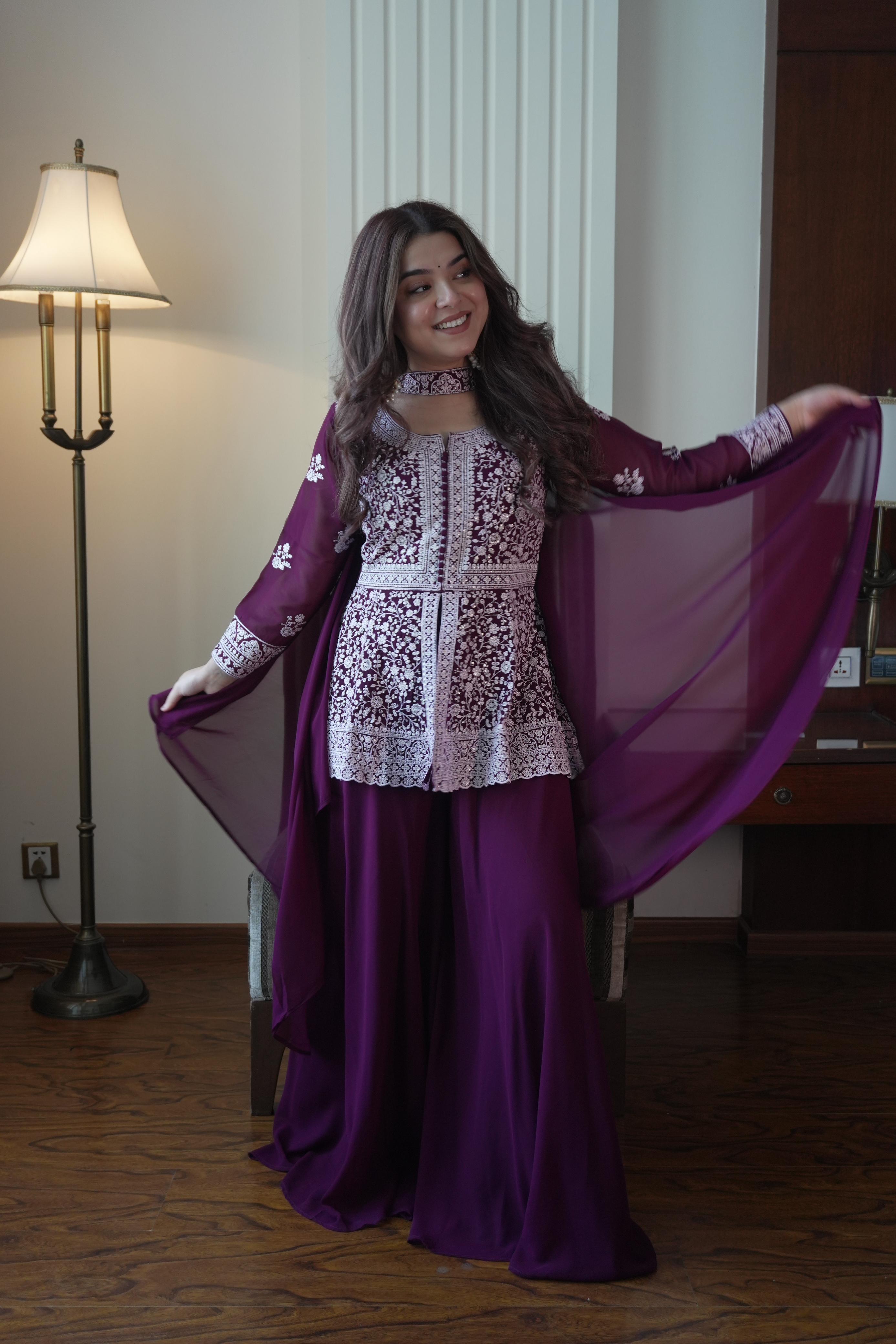 Royal Indo-Western Wine Palazzo Outfit with Stunning Embroidery and Premium Designer Finish.