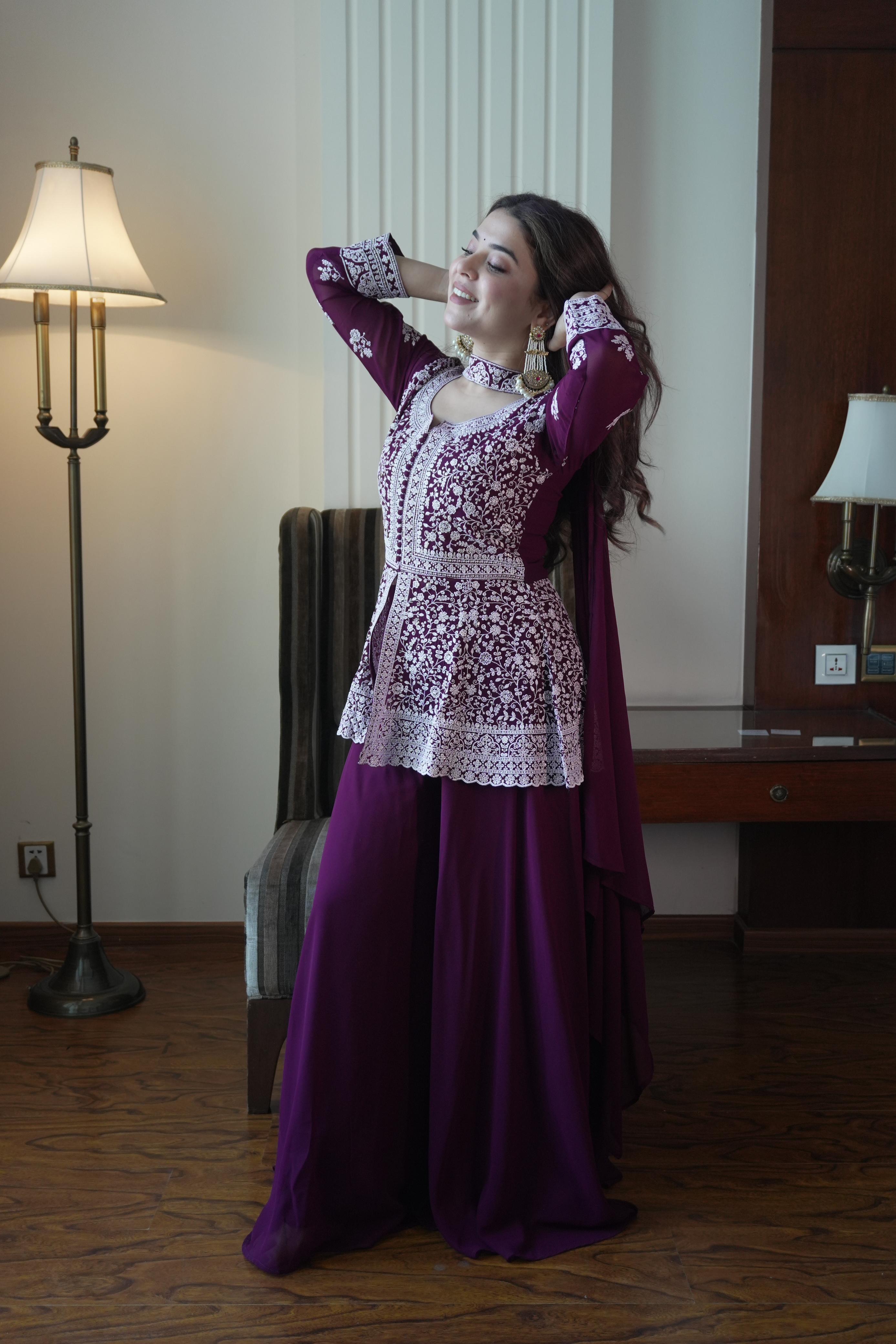 Royal Indo-Western Wine Palazzo Outfit with Stunning Embroidery and Premium Designer Finish.