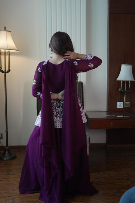 Royal Indo-Western Wine Palazzo Outfit with Stunning Embroidery and Premium Designer Finish.