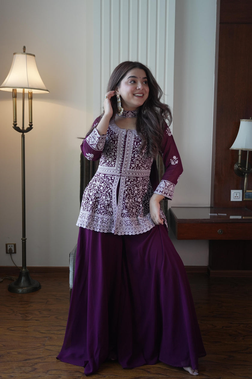Royal Indo-Western Wine Palazzo Outfit with Stunning Embroidery and Premium Designer Finish.