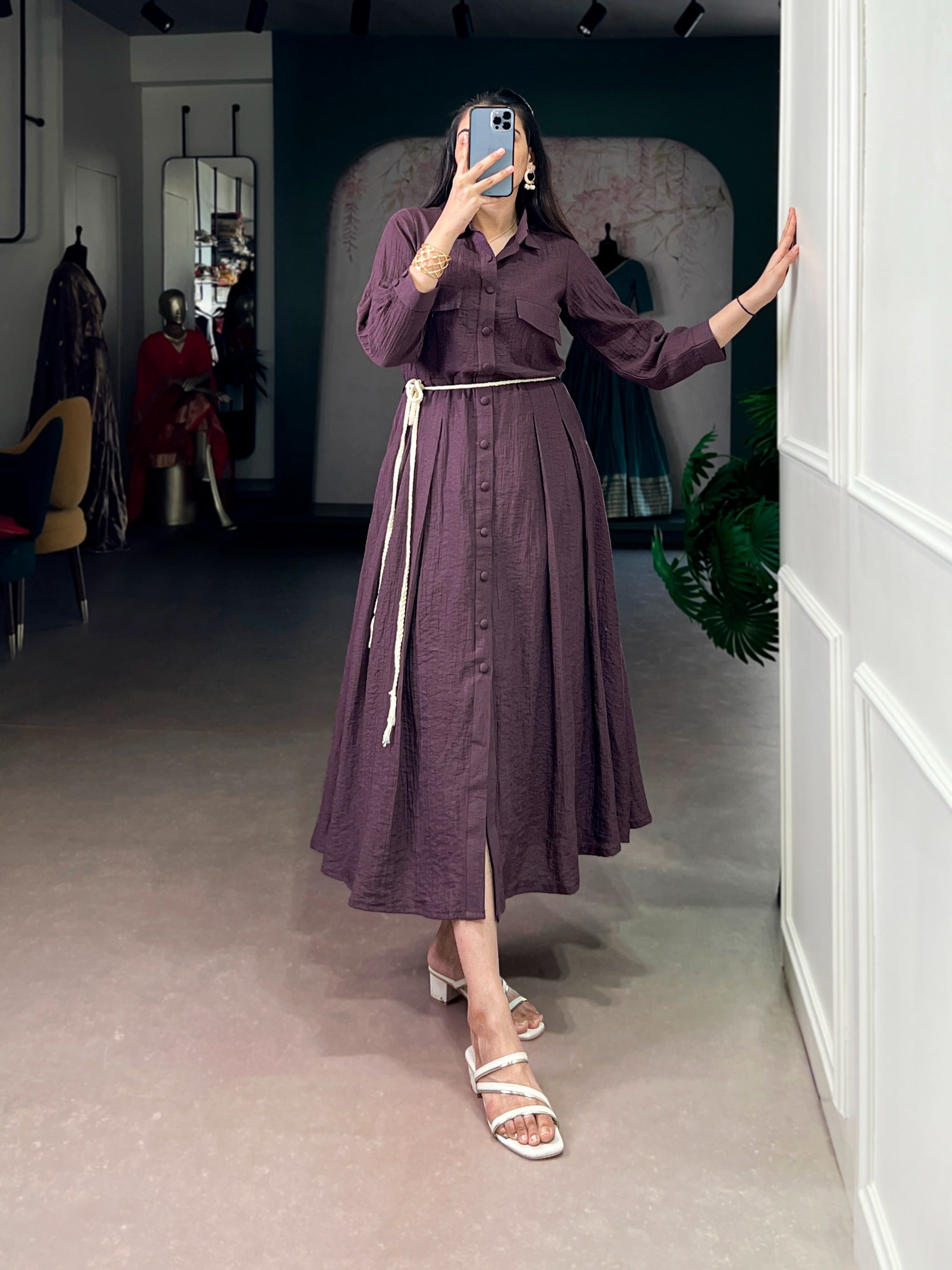 Stylish Wine Purple Button-Down Maxi Dress for Women.