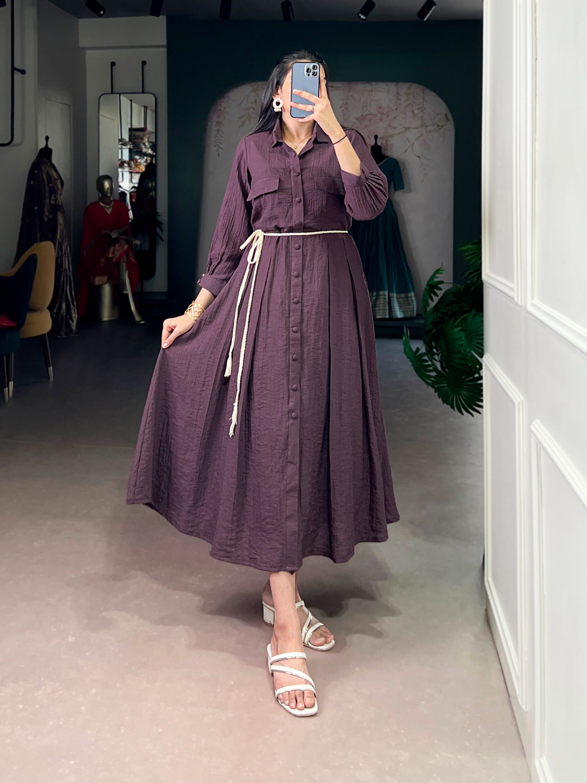 Stylish Wine Purple Button-Down Maxi Dress for Women.