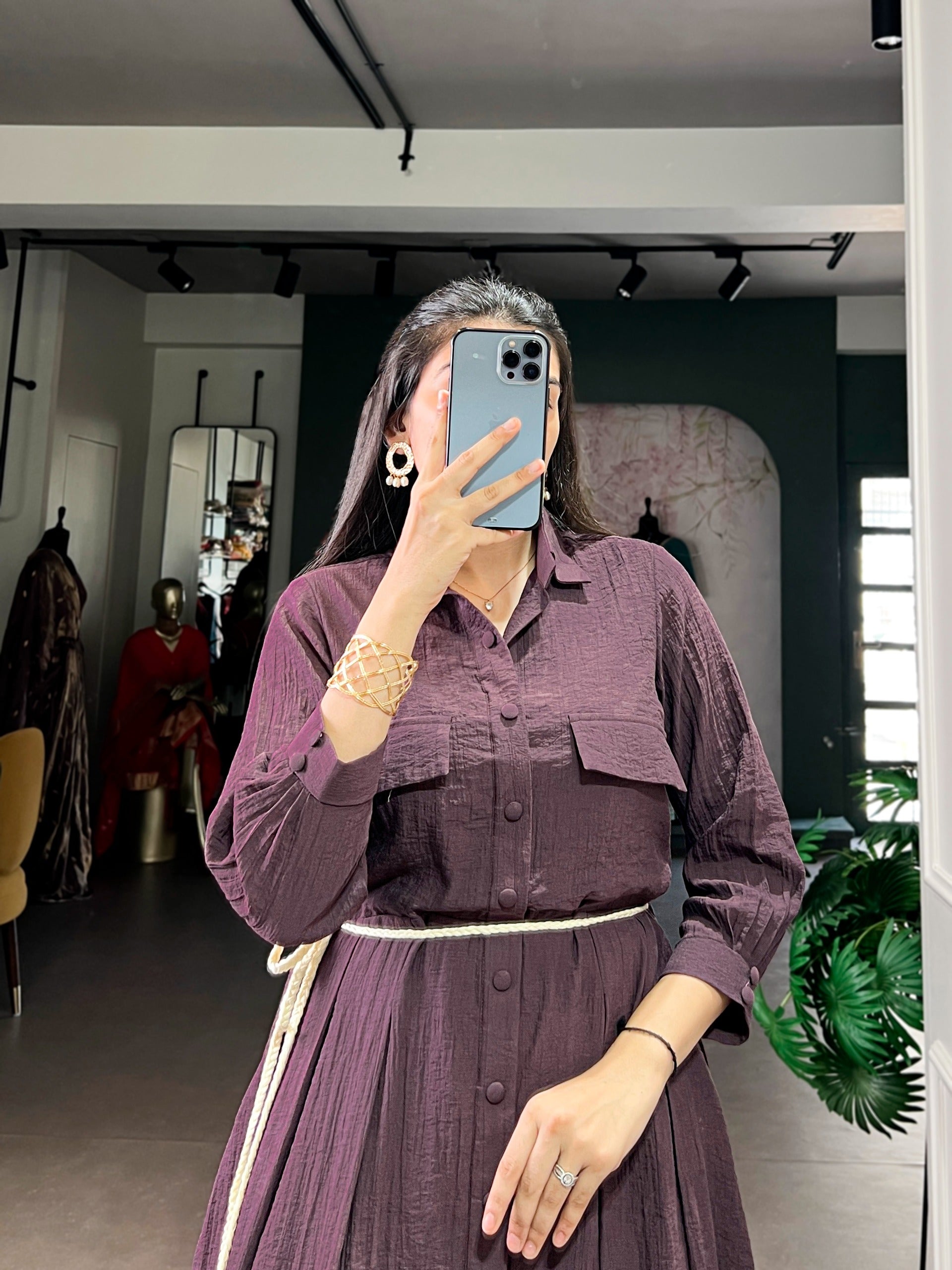 Stylish Wine Purple Button-Down Maxi Dress for Women.