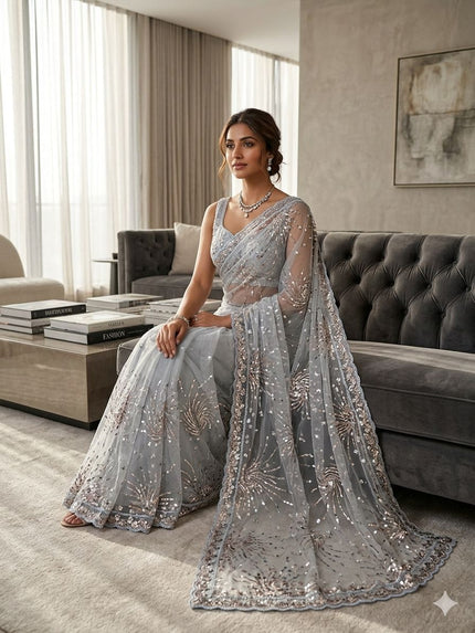 Party Wear Sequins Embroidered Net Saree.
