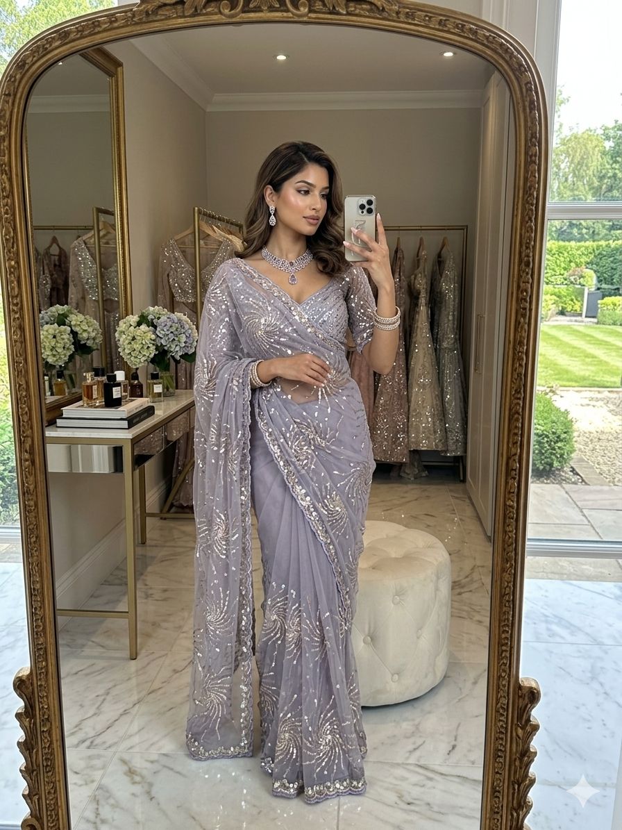 Party Wear Sequins Embroidered Net Saree.