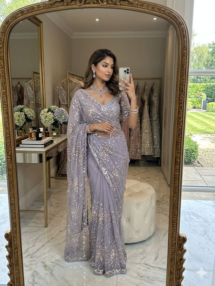 Party Wear Sequins Embroidered Net Saree.