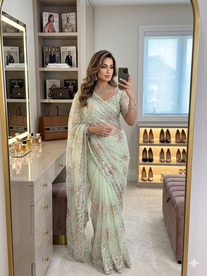 Party Wear Sequins Embroidered Net Saree.