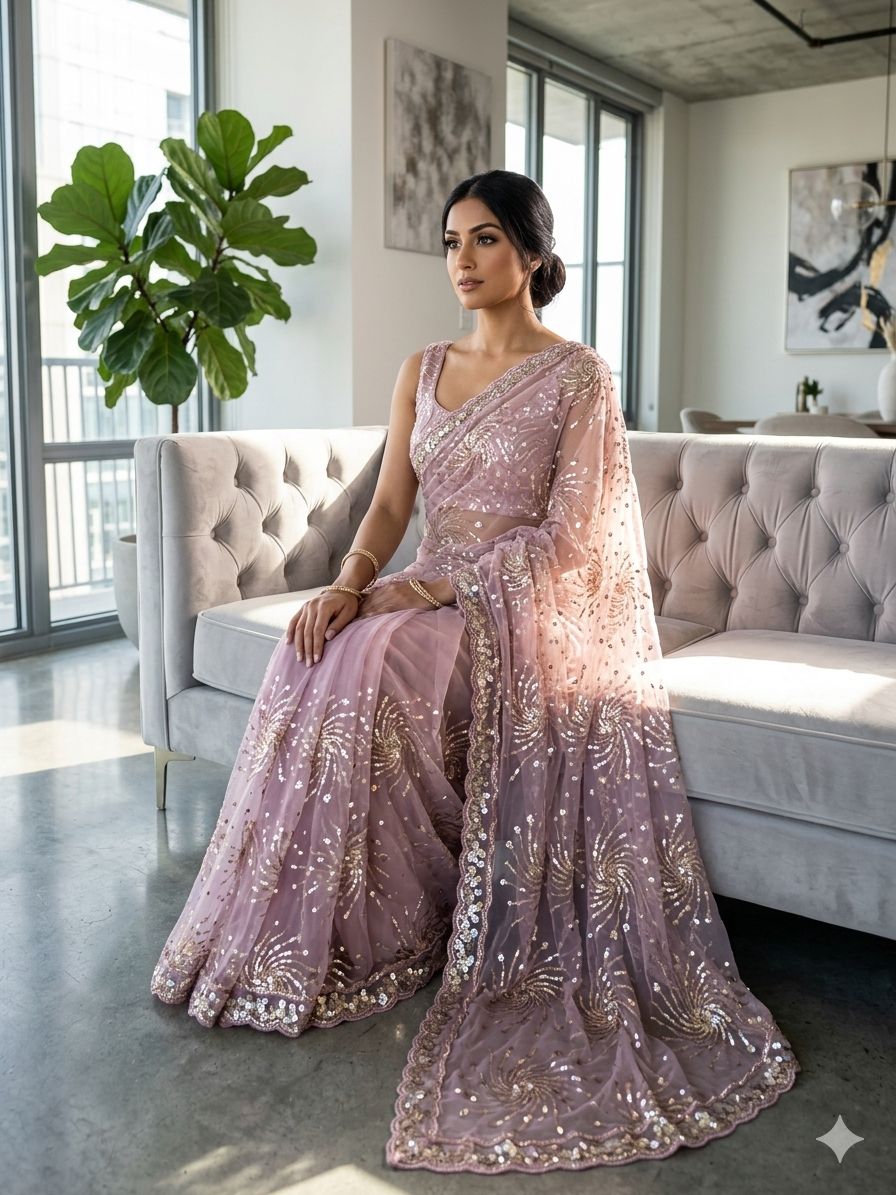 Party Wear Sequins Embroidered Net Saree.