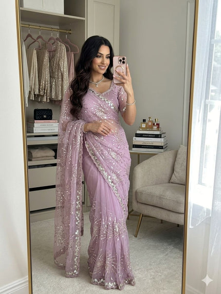 Party Wear Sequins Embroidered Net Saree.