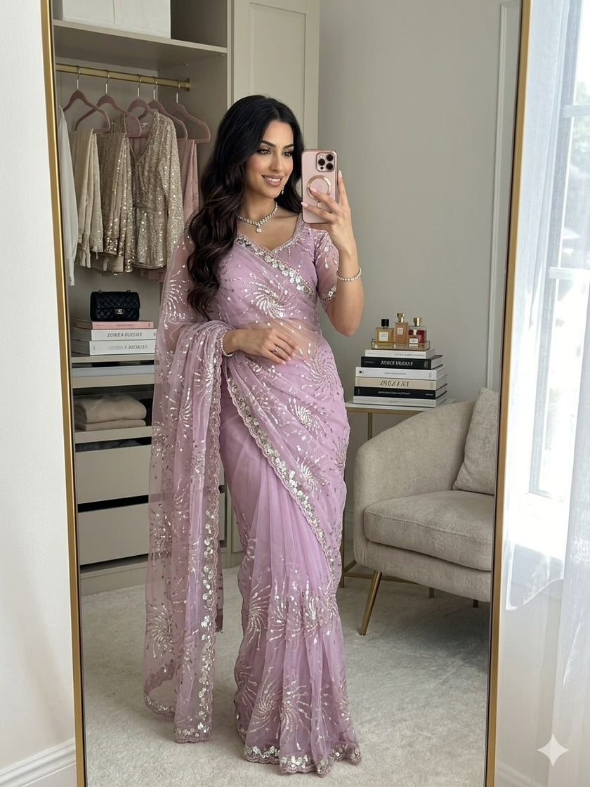 Party Wear Sequins Embroidered Net Saree.