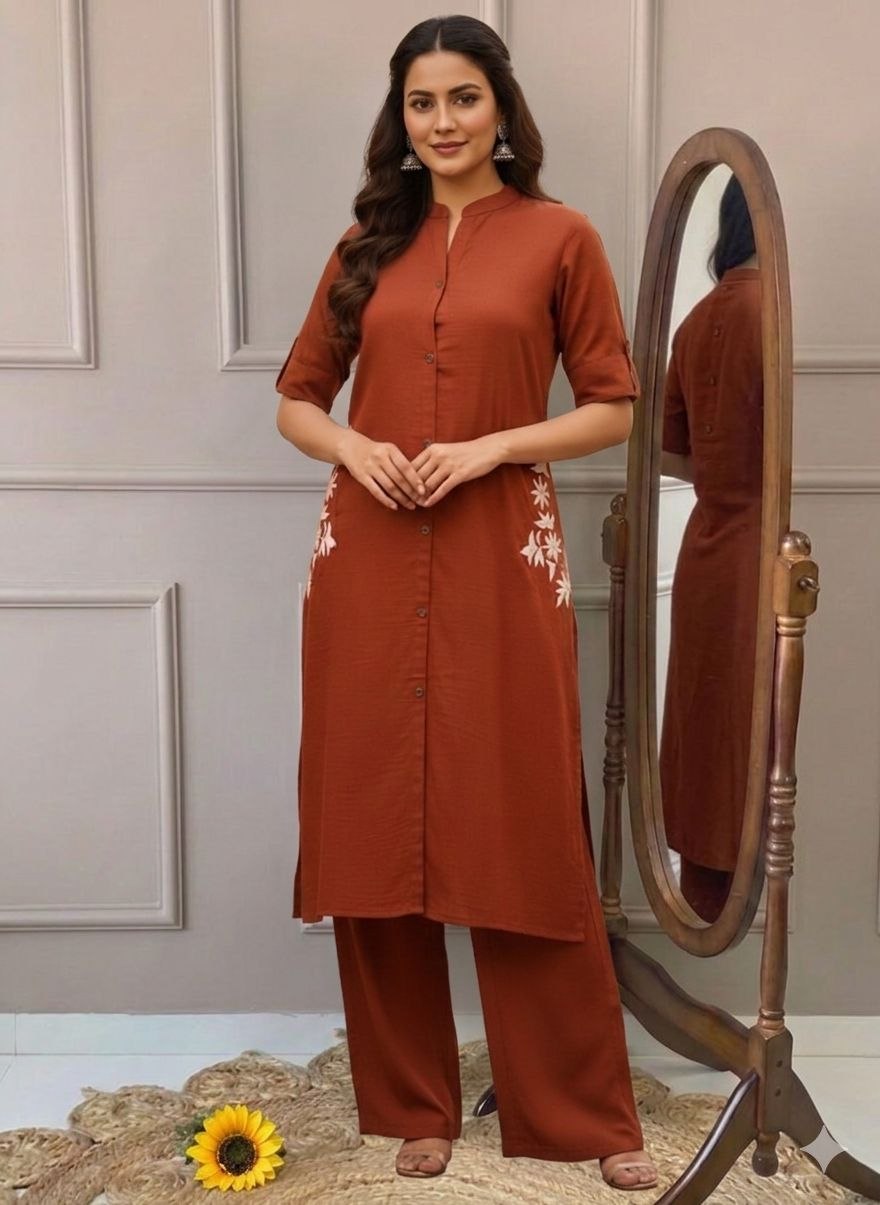 Trendy Casual Kurta Palazzo Co-ord Set with Floral Embroidery.
