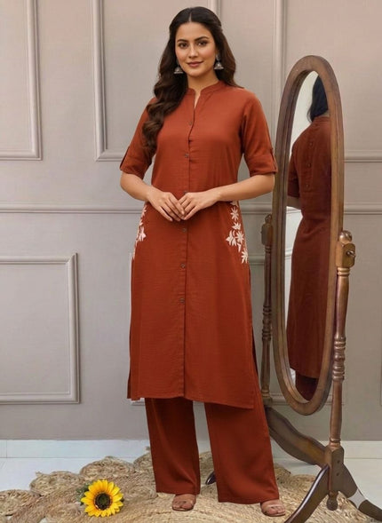 Trendy Casual Kurta Palazzo Co-ord Set with Floral Embroidery.
