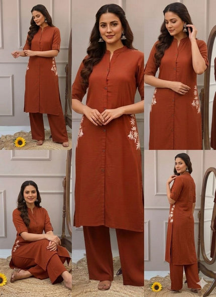 Trendy Casual Kurta Palazzo Co-ord Set with Floral Embroidery.