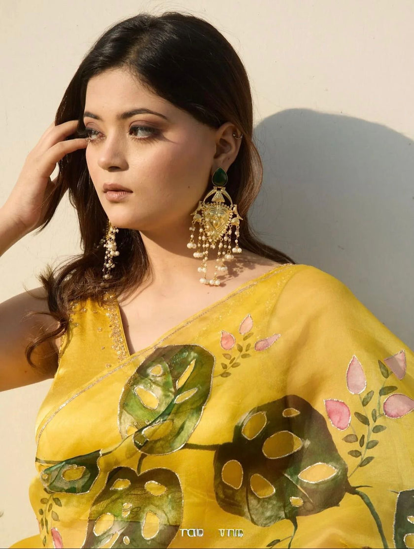 Elegant Yellow Floral Printed Organza Saree with Designer Look.
