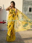 Elegant Yellow Floral Printed Organza Saree with Designer Look.