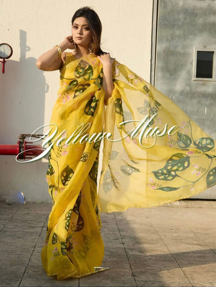 Elegant Yellow Floral Printed Organza Saree with Designer Look.