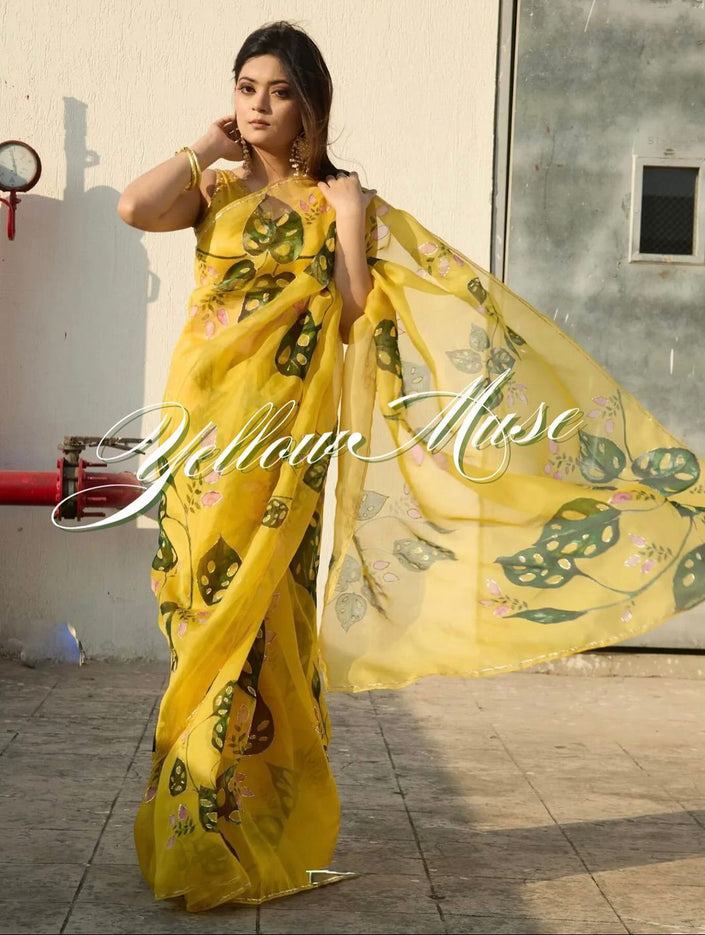 Elegant Yellow Floral Printed Organza Saree with Designer Look.