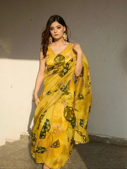Elegant Yellow Floral Printed Organza Saree with Designer Look.