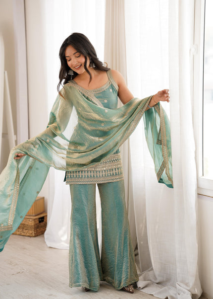 Designer Embellished Straight Kurta with Flared Sharara and Dupatta Set.