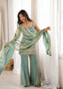 Designer Embellished Straight Kurta with Flared Sharara and Dupatta Set.