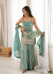 Designer Embellished Straight Kurta with Flared Sharara and Dupatta Set.