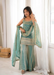 Designer Embellished Straight Kurta with Flared Sharara and Dupatta Set.