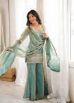 Designer Embellished Straight Kurta with Flared Sharara and Dupatta Set.