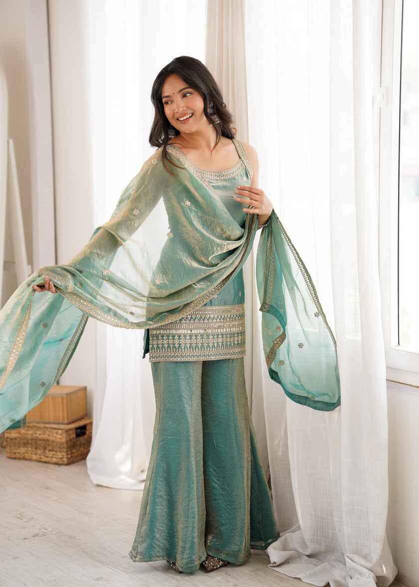 Designer Embellished Straight Kurta with Flared Sharara and Dupatta Set.