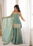 Designer Embellished Straight Kurta with Flared Sharara and Dupatta Set.
