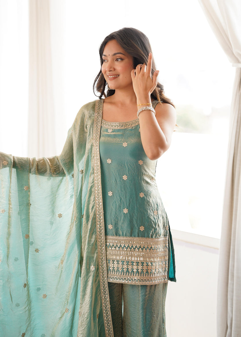 Designer Embellished Straight Kurta with Flared Sharara and Dupatta Set.