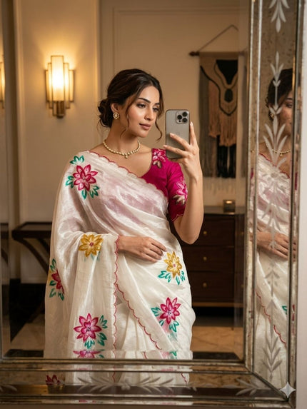 Elegant White Floral Embroidered Saree with Pink Blouse.