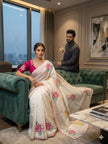 Elegant White Floral Embroidered Saree with Pink Blouse.