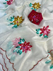 Elegant White Floral Embroidered Saree with Pink Blouse.