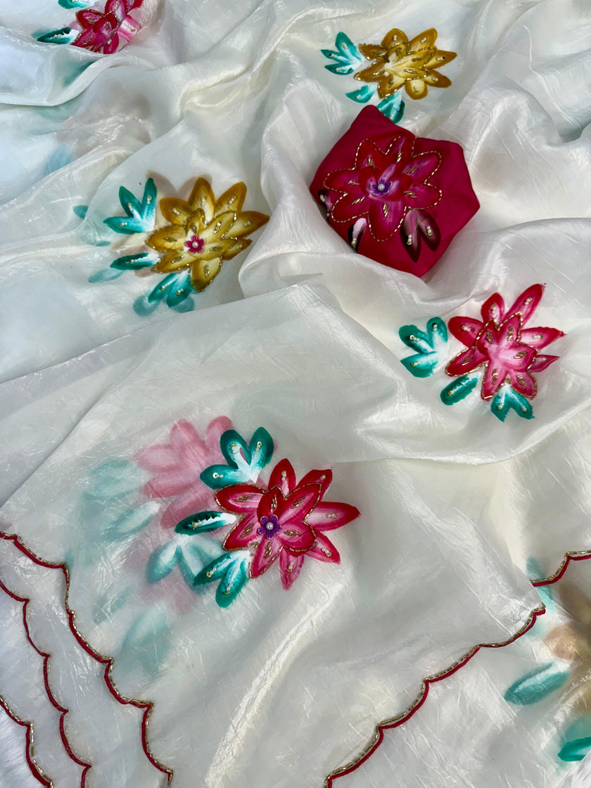 Elegant White Floral Embroidered Saree with Pink Blouse.