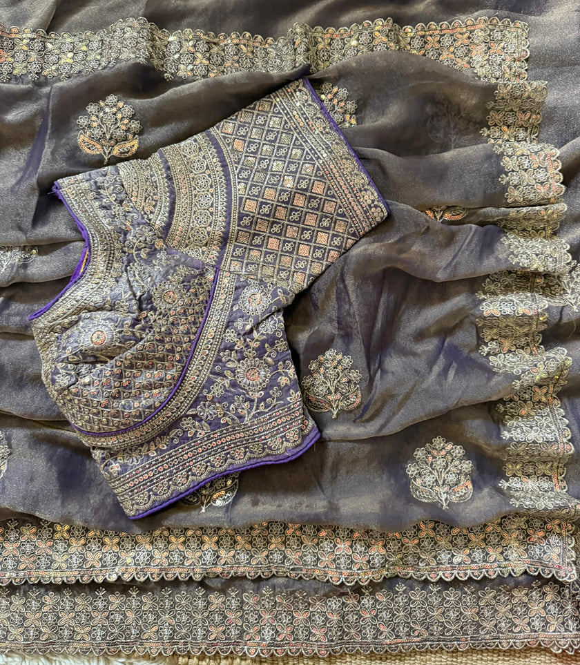 Luxury Embroidered Chiffon Saree with Designer Borde