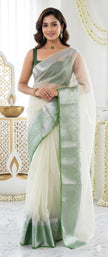 Graceful Festive Wear Organza Saree with Rich Silver Zari Weaving and Contrast Blouse.