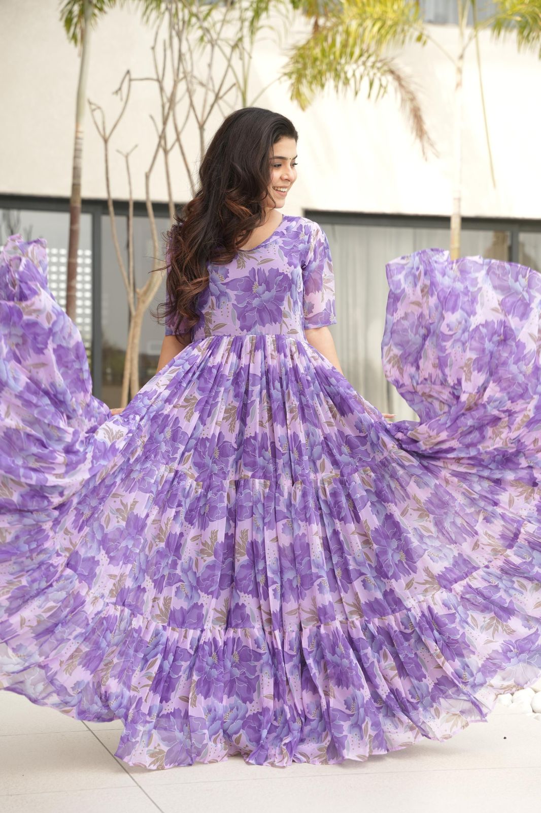 Elegant Lavender Floral Print Tiered Anarkali Maxi Dress for Women.
