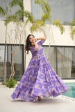 Elegant Lavender Floral Print Tiered Anarkali Maxi Dress for Women.