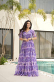Elegant Lavender Floral Print Tiered Anarkali Maxi Dress for Women.