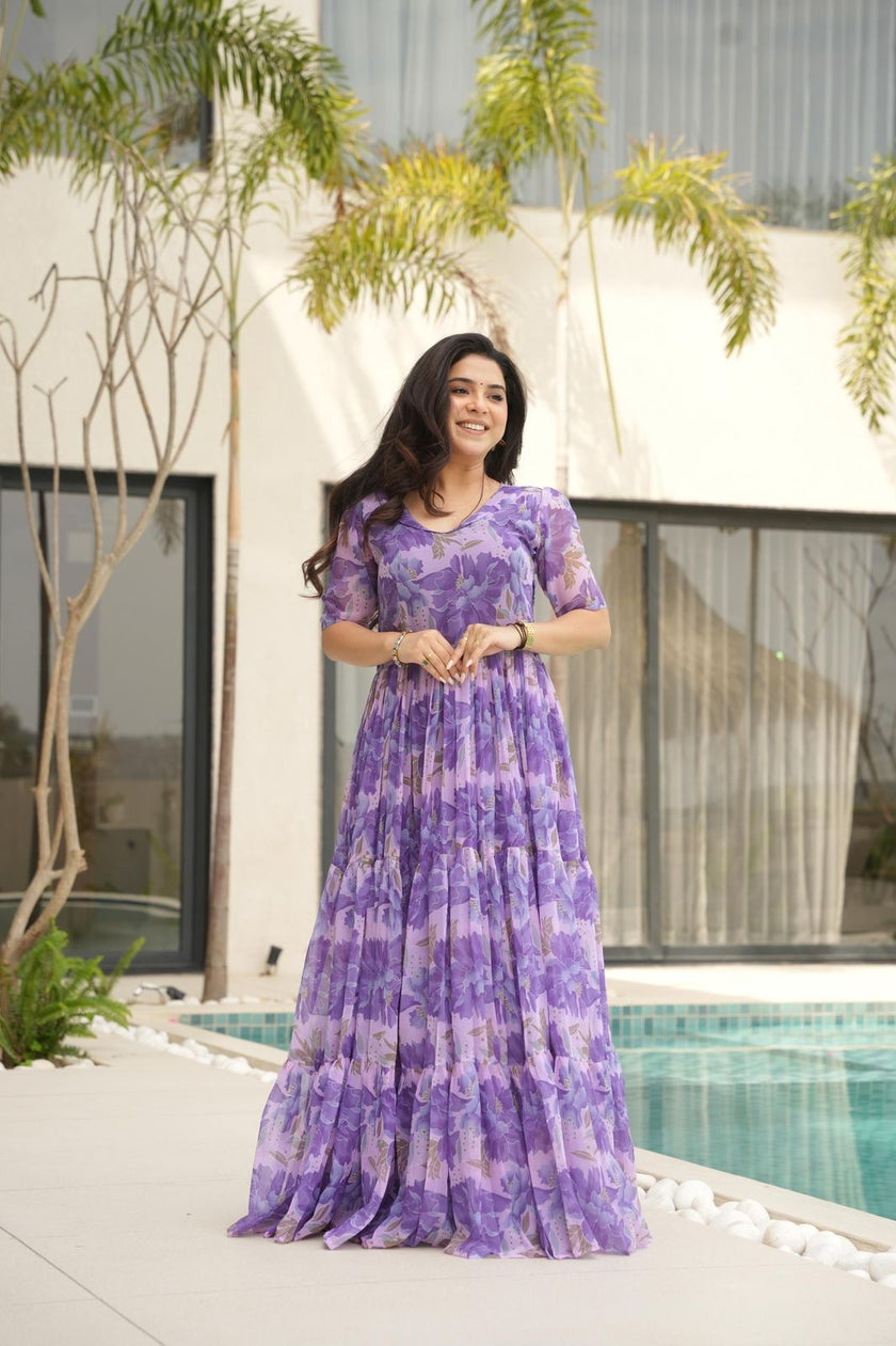 Elegant Lavender Floral Print Tiered Anarkali Maxi Dress for Women.