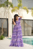 Elegant Lavender Floral Print Tiered Anarkali Maxi Dress for Women.