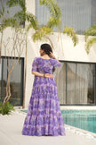 Elegant Lavender Floral Print Tiered Anarkali Maxi Dress for Women.