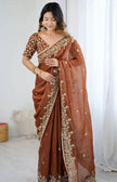 Premium Chiffon Saree with Heavy Floral Embroidery Work & Designer Blouse.