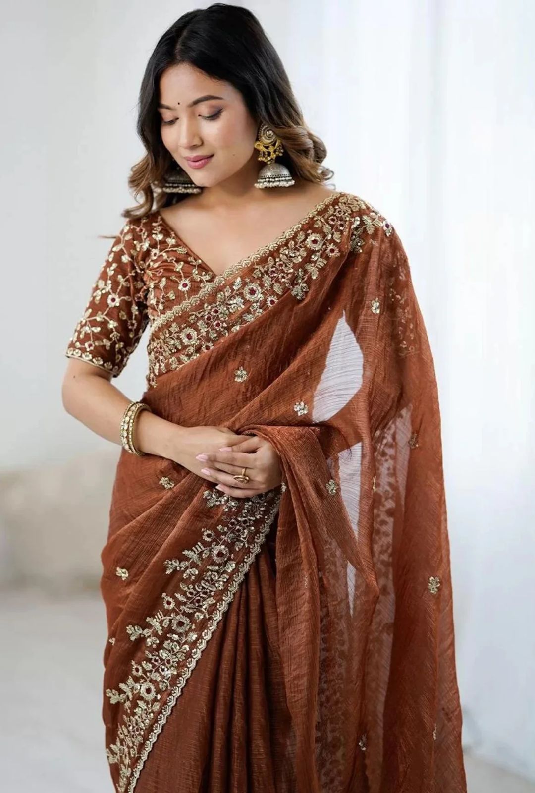 Premium Chiffon Saree with Heavy Floral Embroidery Work & Designer Blouse.