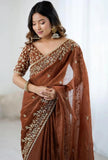 Premium Chiffon Saree with Heavy Floral Embroidery Work & Designer Blouse.