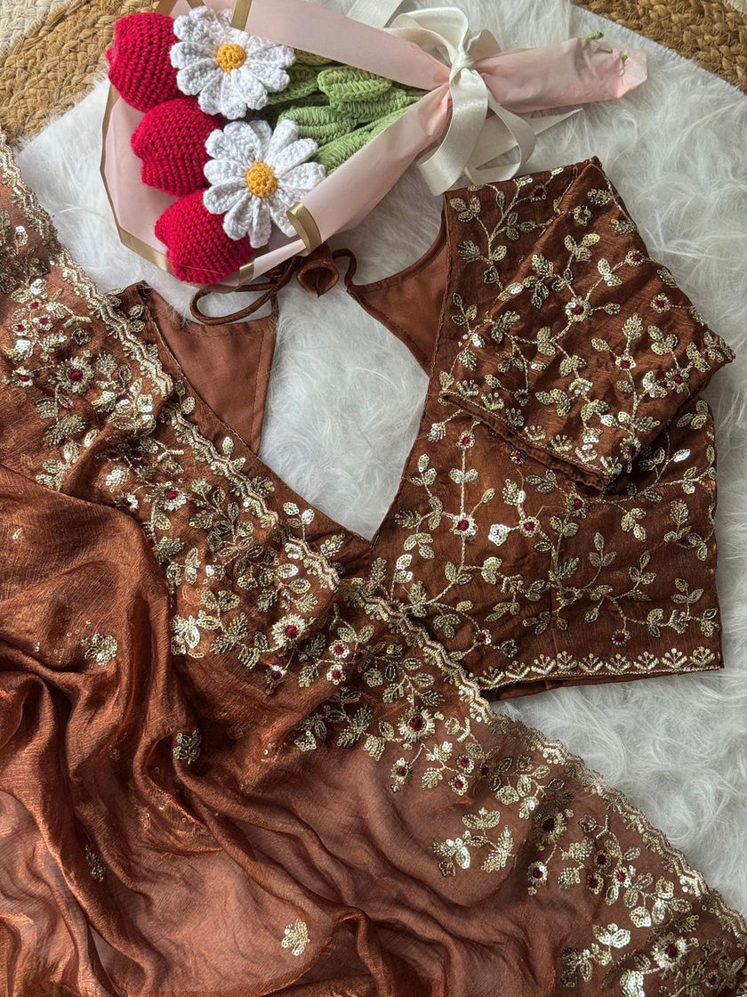 Premium Chiffon Saree with Heavy Floral Embroidery Work & Designer Blouse.