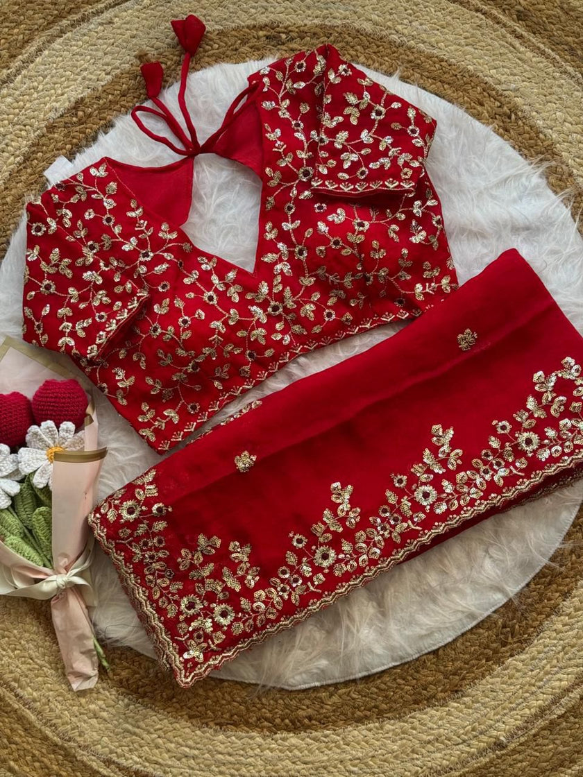 Premium Chiffon Saree with Heavy Floral Embroidery Work & Designer Blouse.
